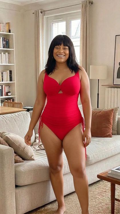Same person in a red swimsuit after GlamAI AI virtual try-on