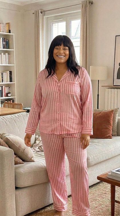 Full-body photo in pajamas before GlamAI virtual try-on