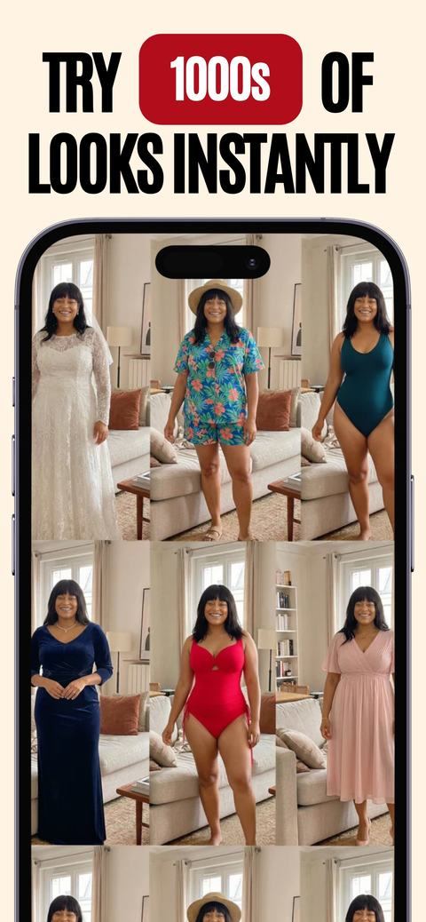 App Store marketing frame with the headline 1000s of looks, try them on you