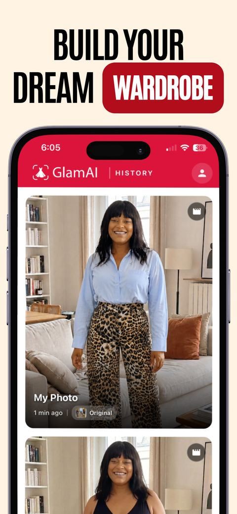 App Store marketing frame with the headline Try on looks, save your history