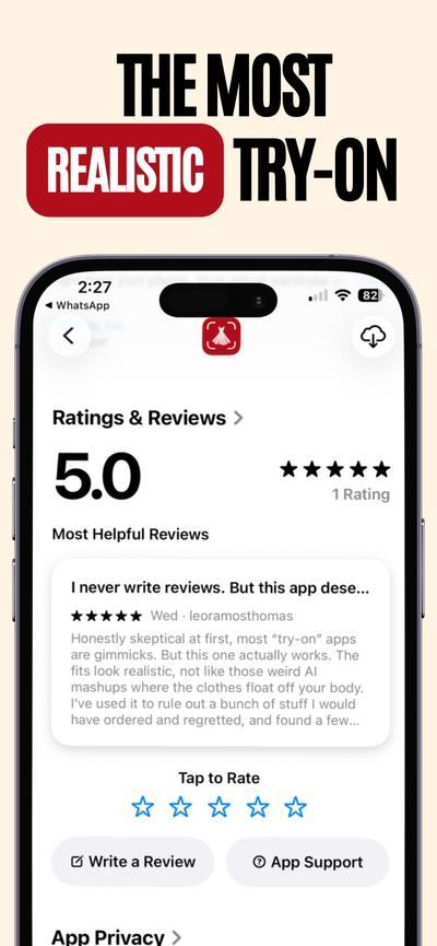 App Store marketing frame showing GlamAI at 5.0 with 3 ratings and a written review