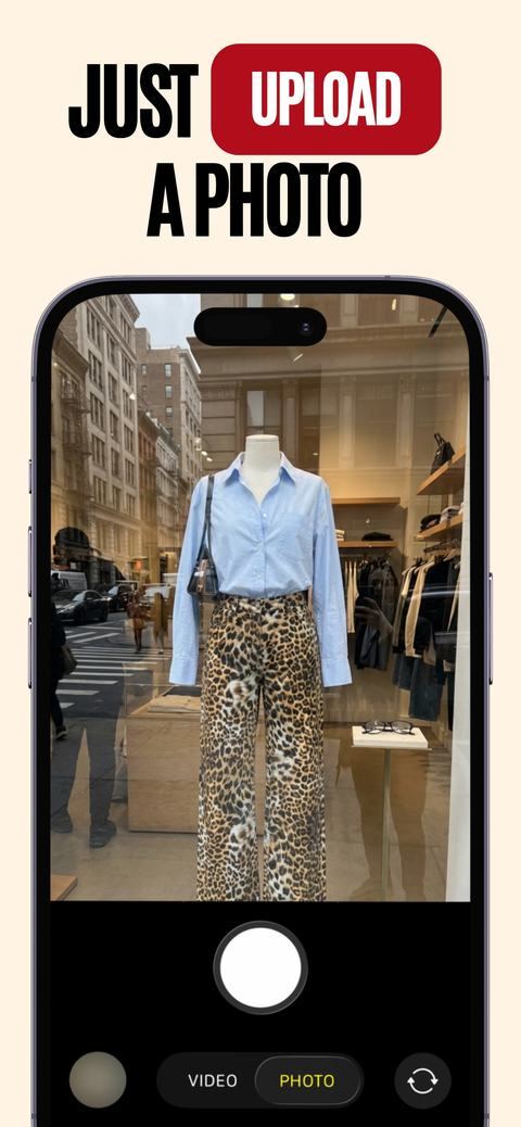 App Store marketing frame with the headline Just upload a photo, then a try-on result on the same person