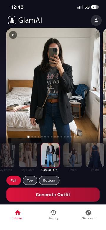 GlamAI Home with a full-body photo, an outfit reference, and Generate Outfit