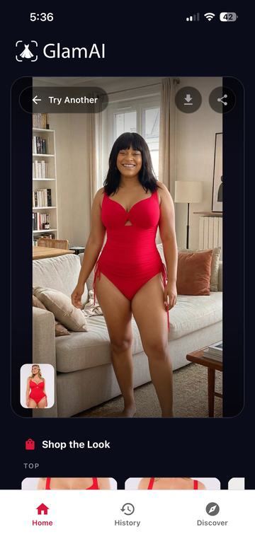 Try-on result on iPhone: red swimsuit on the same person, with Shop the Look